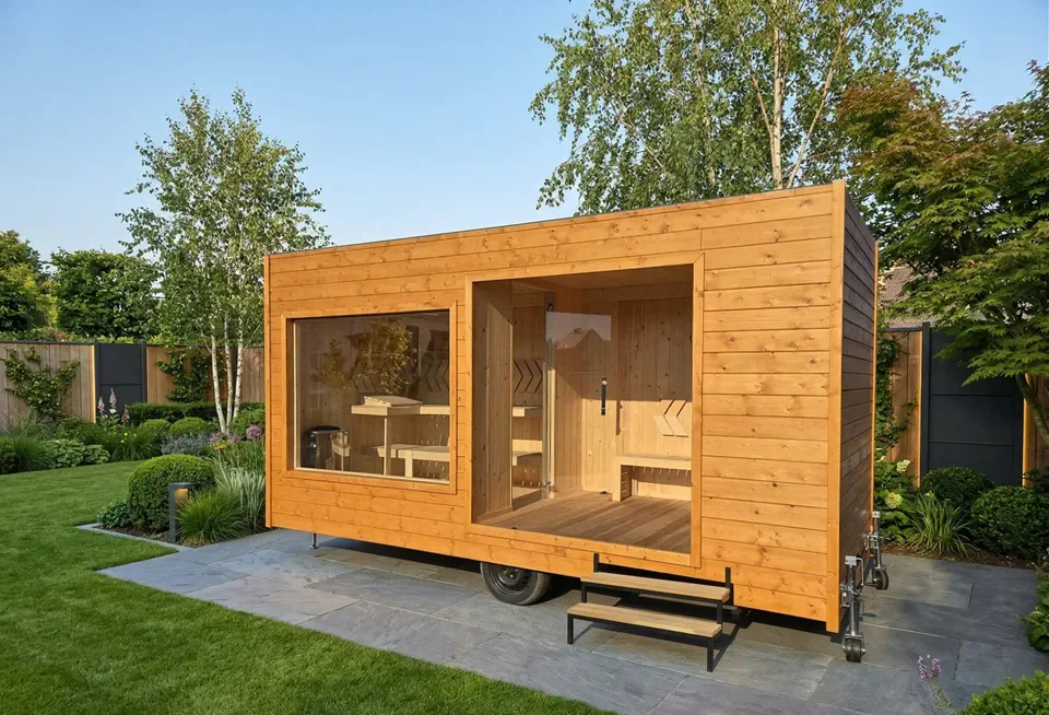 Mobilna sauna ogrodowa w nowoczesnej zabudowie